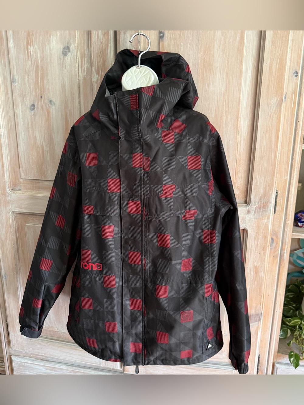Burton Black and Red Plaid Hooded Snowboarding Ski Winter Jacket Medium